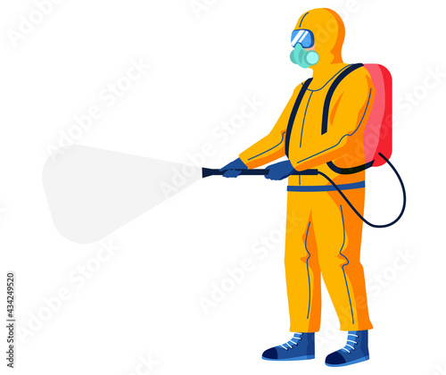 Disinfectant worker wearing hazmat suit is disinfecting. Preventive measures concept. Character in protective outfit isolated on white background. Man sprays disinfectant liquid from special balloon