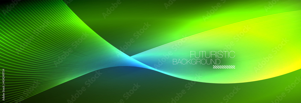 Abstract neon glowing light in the dark with waves. Shiny magic energy and motion concept, vector abstract wallpaper background Abstract neon glowing light in the dark with waves. Shiny magic energy and motion concept, vector abstract wallpaper background
