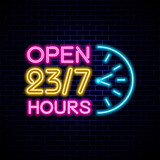Neon sign Open 23/7 light vector background. Realistic glowing shining design element in arrow frame for 24 Hours Club, Bar, Cafe