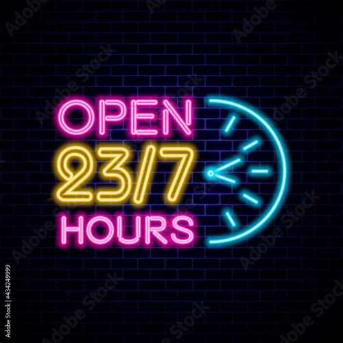 Neon sign Open 23/7 light vector background. Realistic glowing shining design element in arrow frame for 24 Hours Club, Bar, Cafe