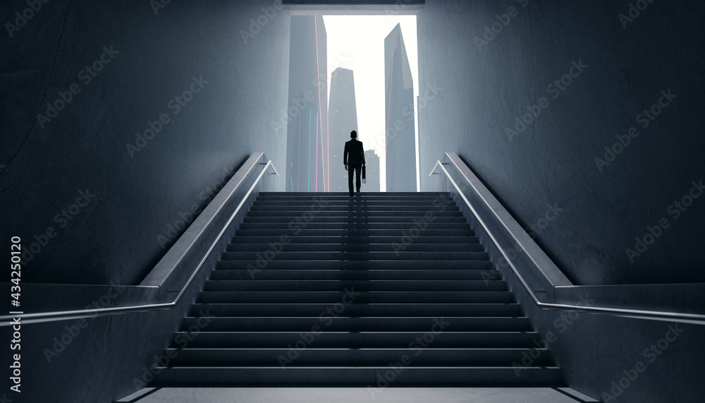 Businessman climbing stairs. Ambitions concept .