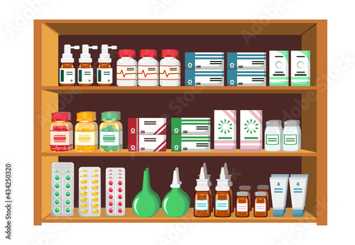 Pharmacy trade shelf with medicines in cartoon style