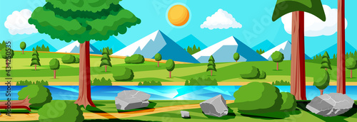 Landscape Of Mountains And Green Hills. Summer Nature Landscape With Rocks, Forest, Grass, Sun, Sky, Lake and Clouds. National Park or Nature Reserve. Vector Illustration In Flat Style