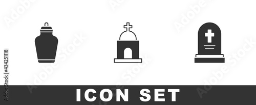 Set Funeral urn, Old crypt and Grave with tombstone icon. Vector
