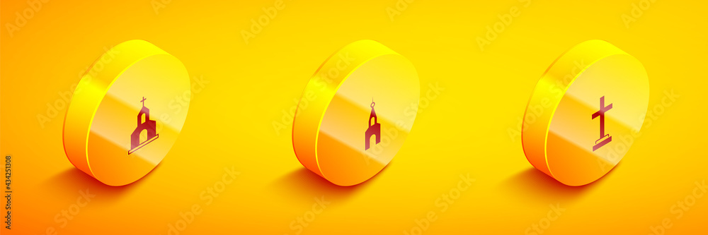 Set Isometric Church building, and Grave with cross icon. Vector Set Isometric Church building, and Grave with cross icon. Vector