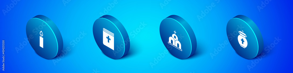 Set Isometric Burning candle, Church building, Funeral and Holy bible book icon. Vector Set Isometric Burning candle, Church building, Funeral and Holy bible book icon. Vector