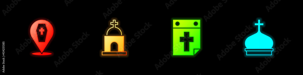 Obraz premium Set Coffin with cross, Old crypt, Calendar death and Church tower icon. Vector