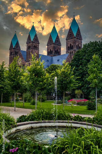 View towards the Church of the Redeemer in Bad Homburg / Germany at sunset  photo