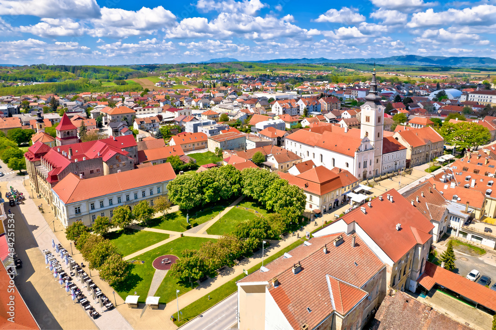 Colorful medieval town of Krizevci historic center aerial view