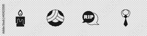 Set Burning candle, Memorial wreath, Speech bubble rip death and Tie icon. Vector
