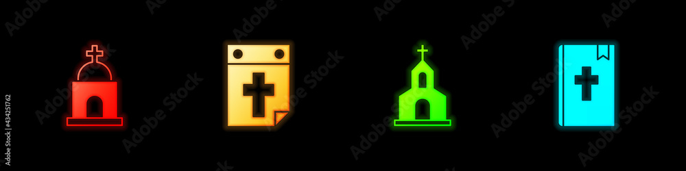 Fototapeta premium Set Old crypt, Calendar death, Church building and Holy bible book icon. Vector