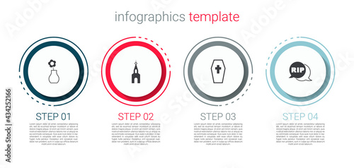 Set Flower in vase, Church building, Coffin with cross and Speech bubble rip death. Business infographic template. Vector