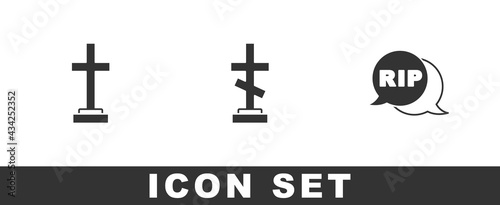 Set Grave with cross, and Speech bubble rip death icon. Vector