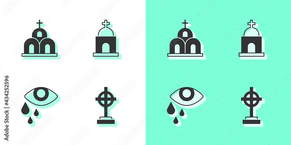 Samolepka Set Grave with cross, Church building, Tear cry eye and Old crypt icon