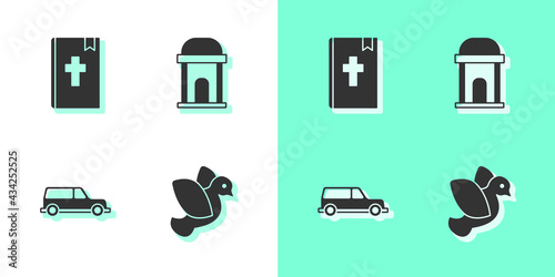 Set Dove, Holy bible book, Hearse car and Old crypt icon. Vector