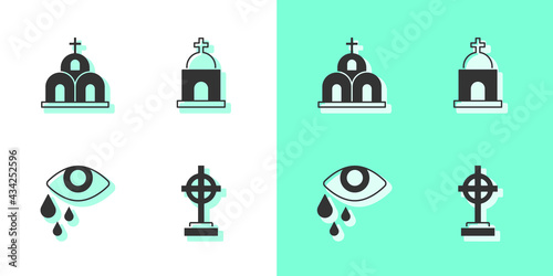 Set Grave with cross, Church building, Tear cry eye and Old crypt icon. Vector