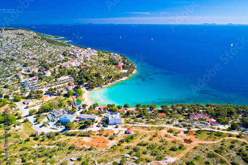 Island of Murter turquoise lagoon beach Slanica aerial view
