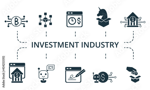 Investment Industry icon set. Collection contain pack of pixel perfect creative icons. Investment Industry elements set.