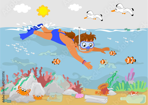 Girl helping a clownfish in a polluted sea, illustration