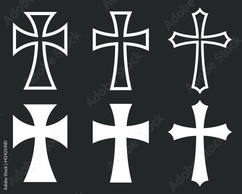 Cross vector shape symbol. Christianity sign. Christian religion icon. Catholic and protestant faith logo or image. Teutonic crusader label. Gothic crusade crucifix.