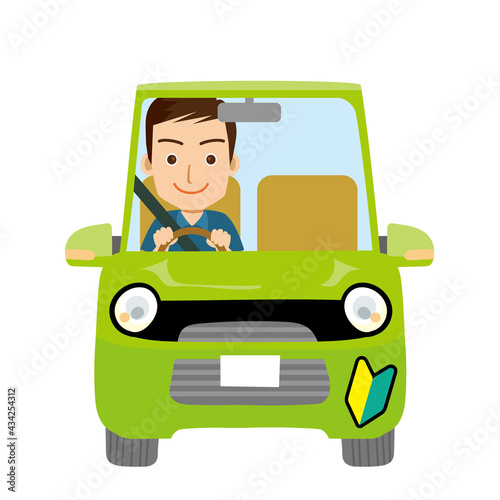 可愛らしい自動車ドライブのイラスト正面　若葉マーク初心者マークと若者男性男の子