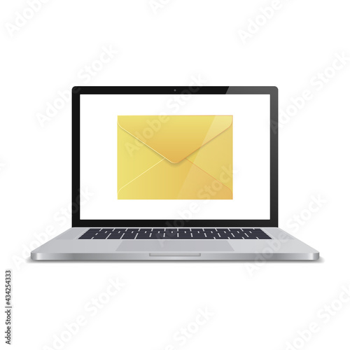 Email notification concept. New email on the laptop screen. Illustration is made in the style of realism. Vector.