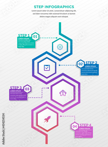 Infographic template of hexagonal elements. Vertical timeline concept with 4 options, steps, parts, segments. Vector banner for web, workflow layout, diagram, chart, annual report