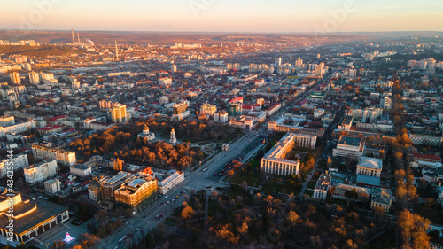 Aerial drone view of Chisinau at sunset, Moldova photo