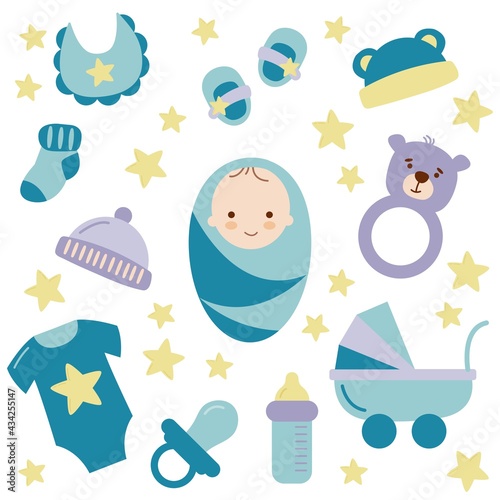 Set of elements for the birth of a boy. Flat style. Vector illustration. White background, isolate.