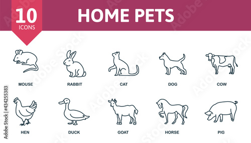 Home Pets icon set. Contains editable icons domectic animals theme such as dog, mouse, cow and more.