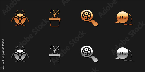 Set Biohazard symbol, Plant in pot, Microorganisms under magnifier and healthy food icon. Vector