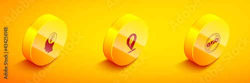 Set Isometric Human head with leaf inside, Location and No GMO icon. Vector