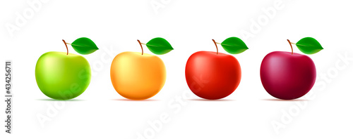 Set of 3d illustrations of apple in four different colors with leaf, isolated
