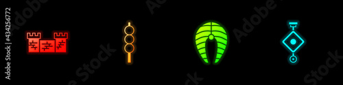 Set Great wall of China, Meatballs on wooden stick, Fish steak and Chinese paper lantern icon. Vector