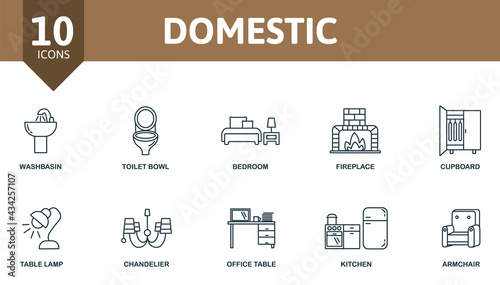 Domestic icon set. Contains editable icons interior theme such as washbasin, bedroom, cupboard and more.