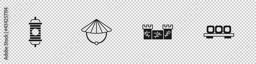 Set Chinese paper lantern, conical straw hat, Great wall of China and Sushi cutting board icon. Vector