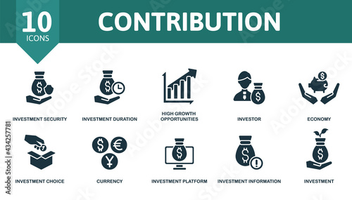 Contribution icon set. Contains editable icons investment theme such as investment security, high growth opportunities, economy and more.