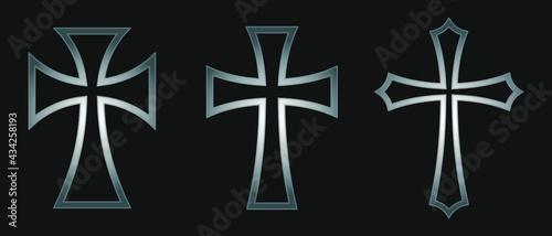 Cross vector shape symbol. Christianity sign. Christian religion icon. Metal silver color. Catholic and protestant faith logo or image. Teutonic crusader label. Gothic crusade iron crucifix.