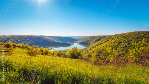 Landscape in the national nature park Podilski Tovtry, canyon and Studenytsia river is tributary of Dnister river, view from above