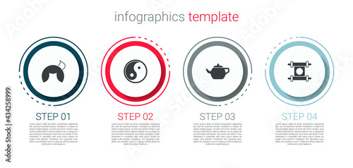 Set Chinese fortune cookie, Yin Yang, tea ceremony and Decree, paper, parchment, scroll. Business infographic template. Vector