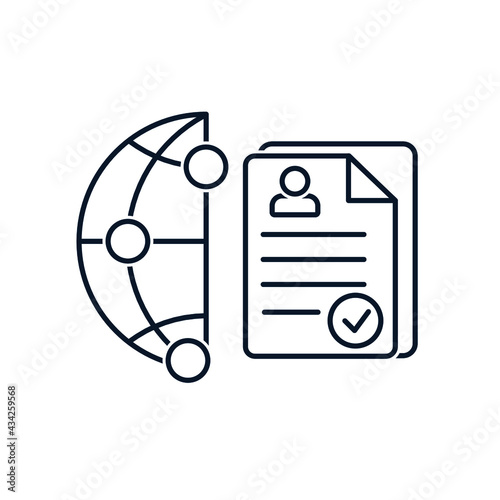 Planet, document. Concept of employment abroad, global job search, tourism. Vector icon isolated on white background. 