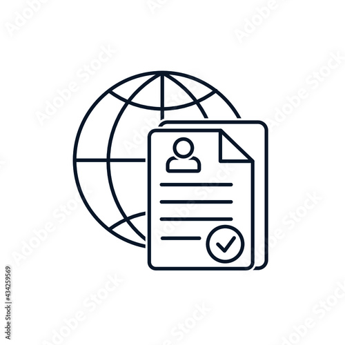Planet, document. Concept of international resume abroad, employment abroad, global job search. Vector icon isolated on white background.