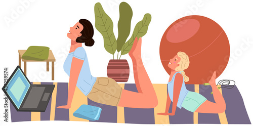 Young woman working out doing exercises at home. Girl doing yoga on mat. Sportswoman stretches in apartment. Yogi performs physical exercise by video on computer. Healthy lifestyle and sports activity