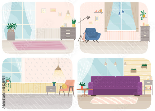 Modern room for interior design. Cozy room with furniture and decor accessories. Flat design interior. Planning and arrangement of furniture in apartment. Living room. Home lifestyle. Style house