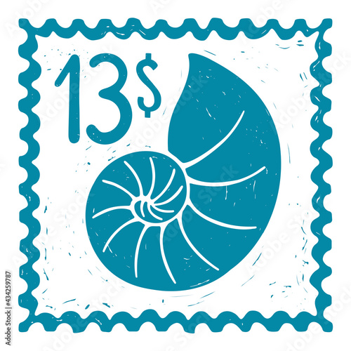 Cute sea post stamp face value of 13 dollars with a textured blue seashell. For decoration, design, tattoo or  scrapbooking. Vector shabby hand drawn illustration