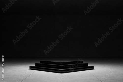 blank 3 steps black cube podium, stand blank trade show booth for designers. modern loft concrete cement wall and floor room. empty house, space for your text and picture, 3d rendering