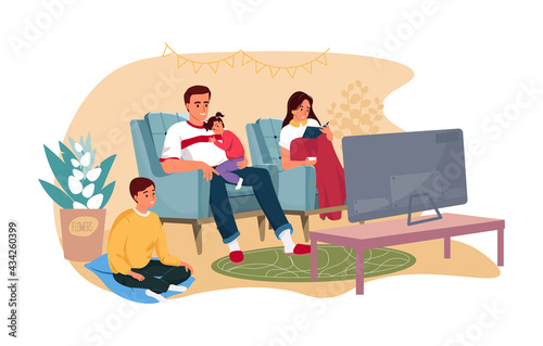 Happy family with kids relaxing during weekend at home sleeping, reading book vector flat illustration. Lazy weekend recreation concept. Young couple watching tv. People stay at home and having rest