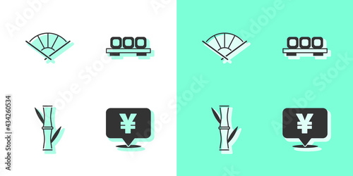 Set Chinese Yuan currency, or japanese folding fan, Bamboo and Sushi on cutting board icon. Vector