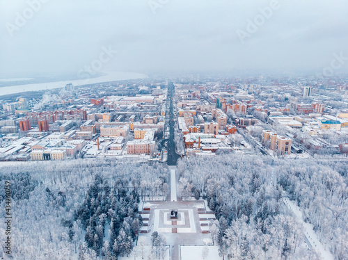Winter cityscape Tomsk Siberia snow forest, Russia aerial top view