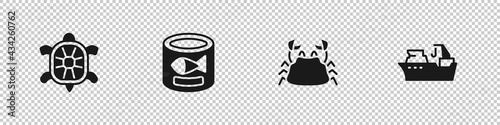 Set Turtle, Canned fish, Crab and Fishing boat icon. Vector
